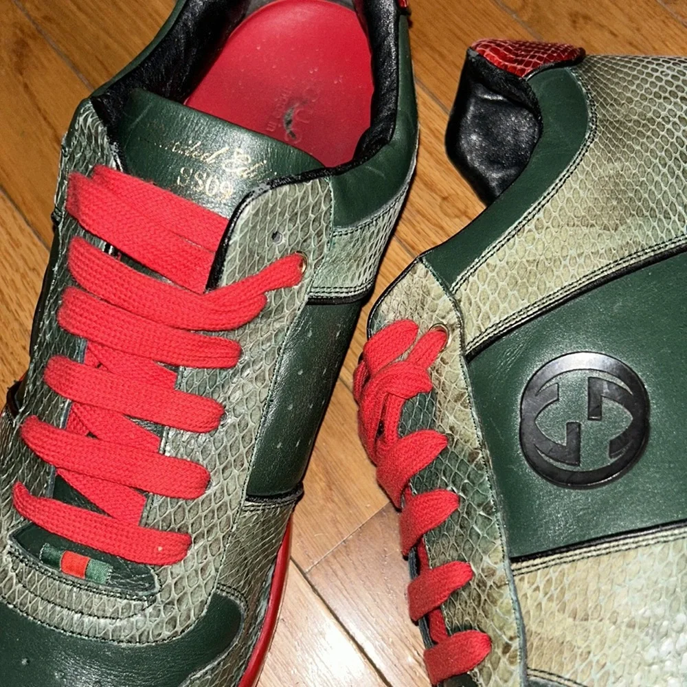 GUCCI RARE sz 15.5!! limited edition SS09 green python & leather GG LUXE- flaws
